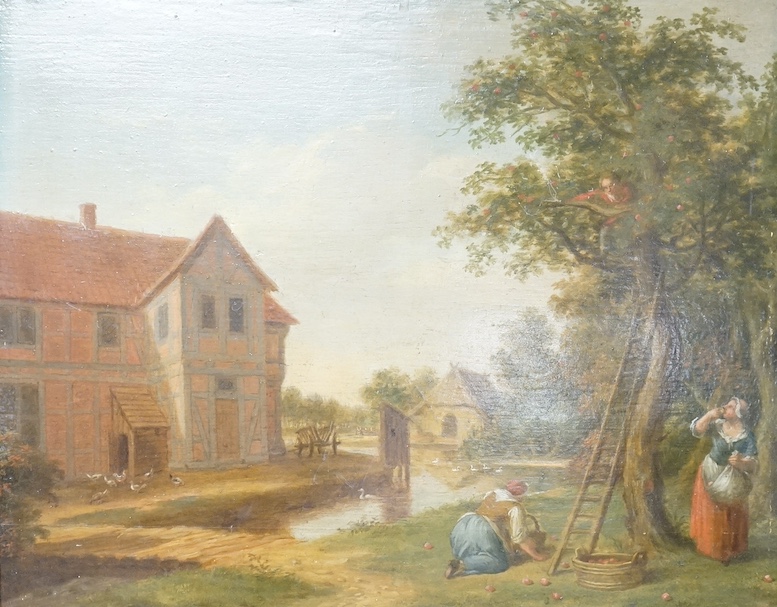 In the Manner of Johann Dietrich Findorff (1722-1772), oil on board, Rural scene with figures picking apples, indistinctly signed, 23 x 29cm. Condition - good